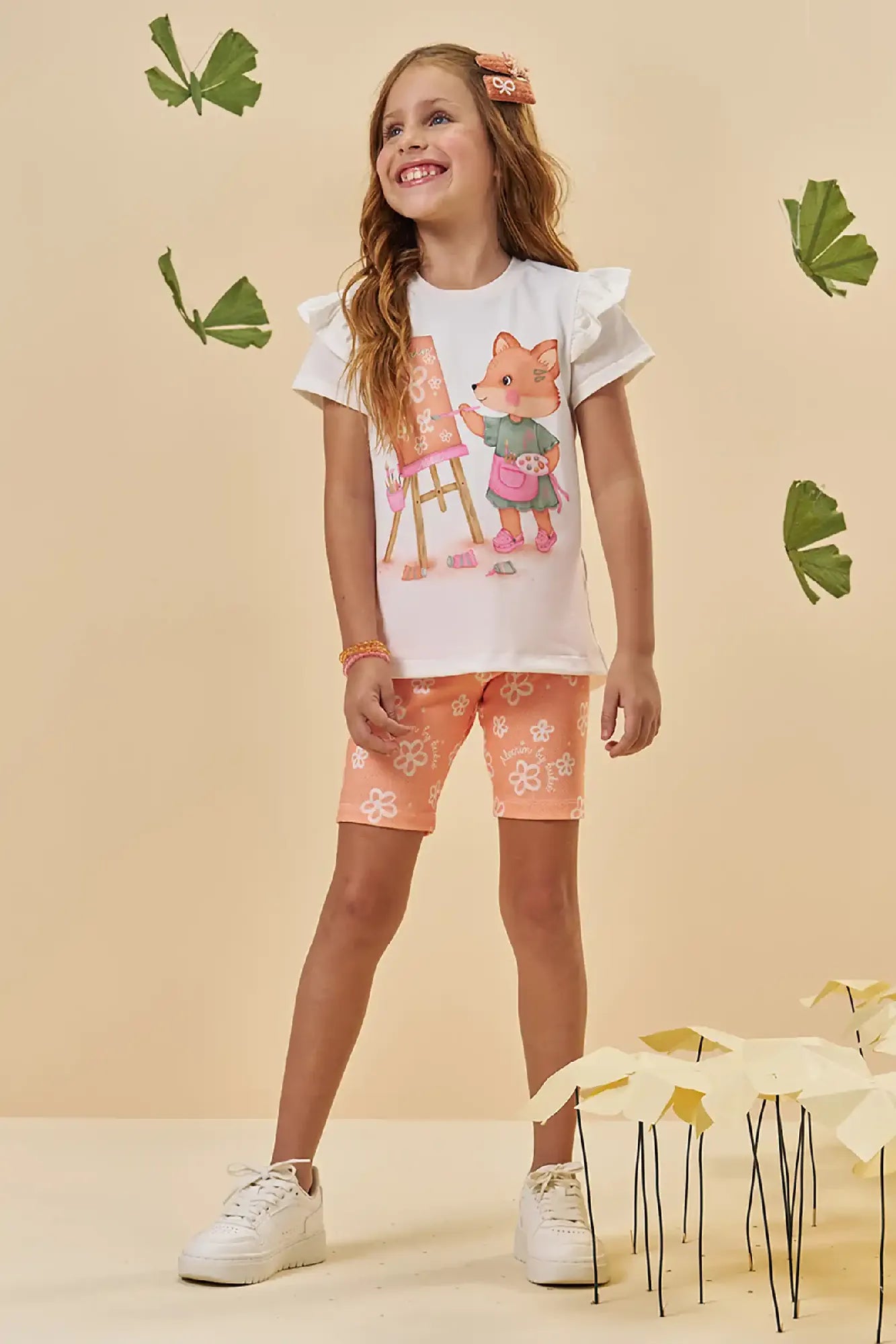 Conjunto Infantil Menina Kukiê com Shorts Ciclista Laranja e Blusa Branca Raposinha Artista