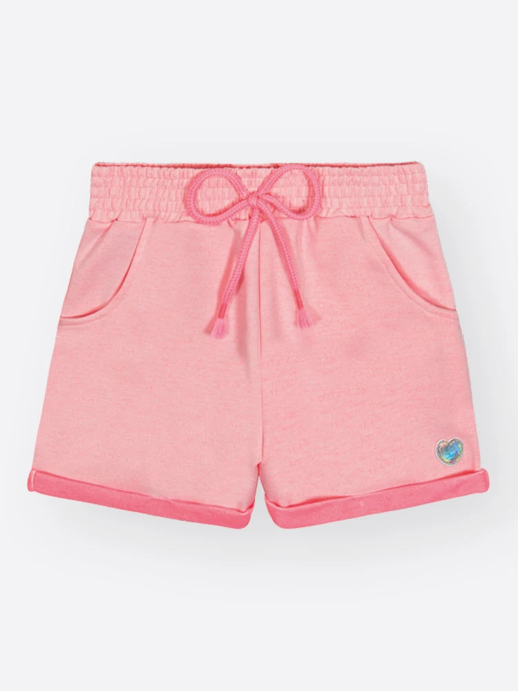 Conjunto Infantil Cinti Inverno com Shorts e Blusa Manga Curta Rosa Corações Strass