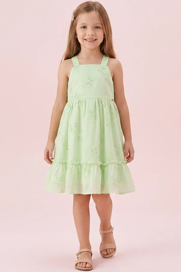 Vestido Infantil Kukiê Verde Borboletas Bordadas