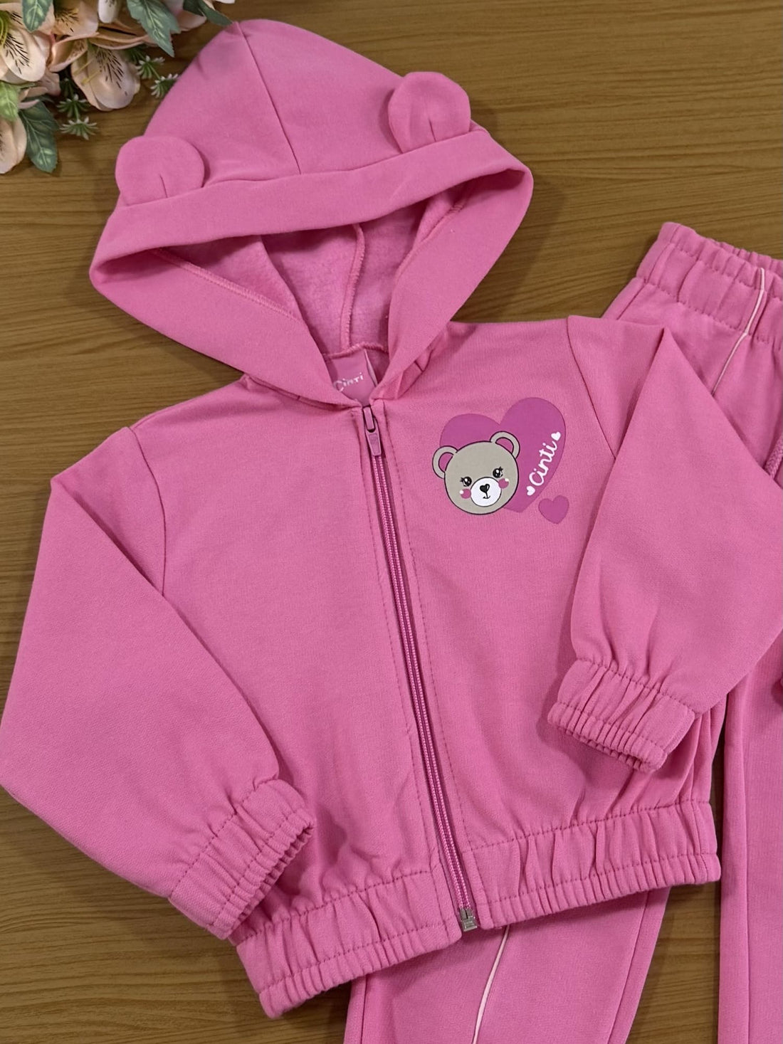 Conjunto Infantil Cinti Inverno com Calça e Jaqueta Rosa Ursinho Coração