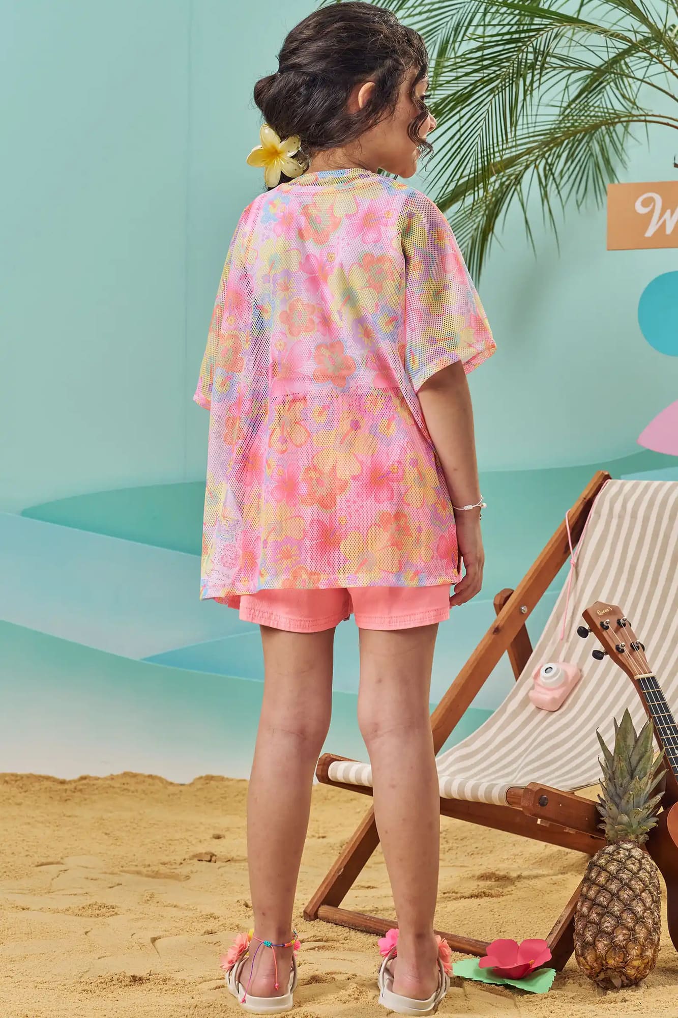 Conjunto infantil Kukiê Verão Blusa, Kimono Floral e shorts Rosa