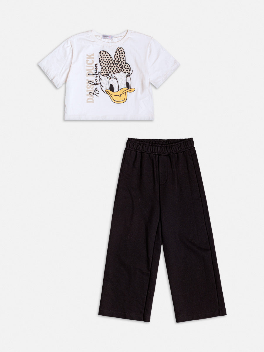 Conjunto Infantil Momi com Calça Preta e Blusa Branca Daisy Duck Disney