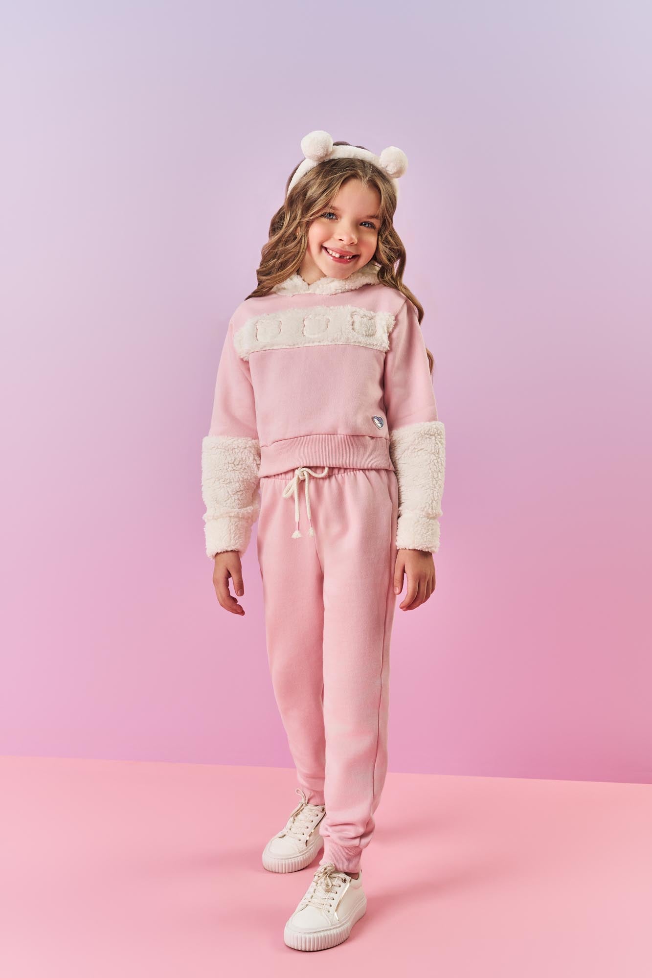 Conjunto Infantil Cinti Inverno Calça e Blusa Rosa Ursinho Teddy