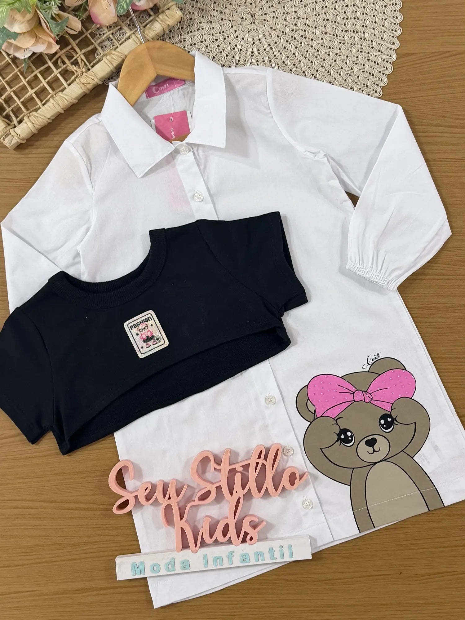 Vestido Infantil Cinti Inverno Manga Longa Com Cropped Preto Sobreposto Ursinha Fashion