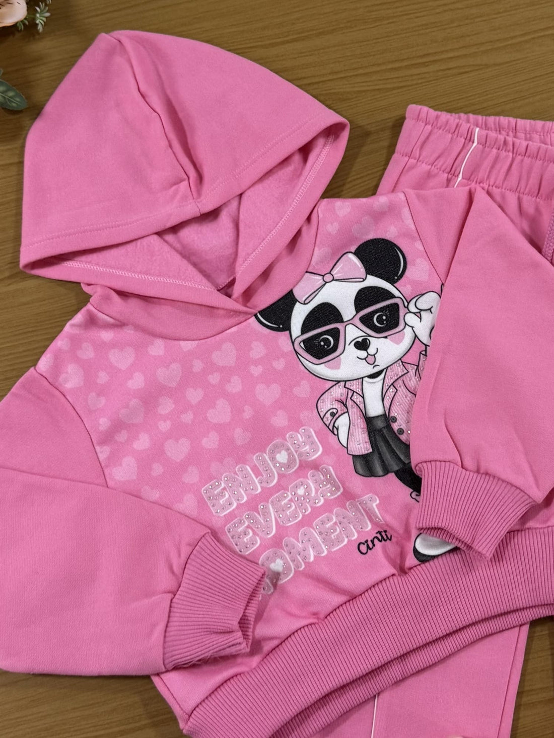 Conjunto Infantil Cinti Inverno Calça e Moletom Flanelado Rosa Panda