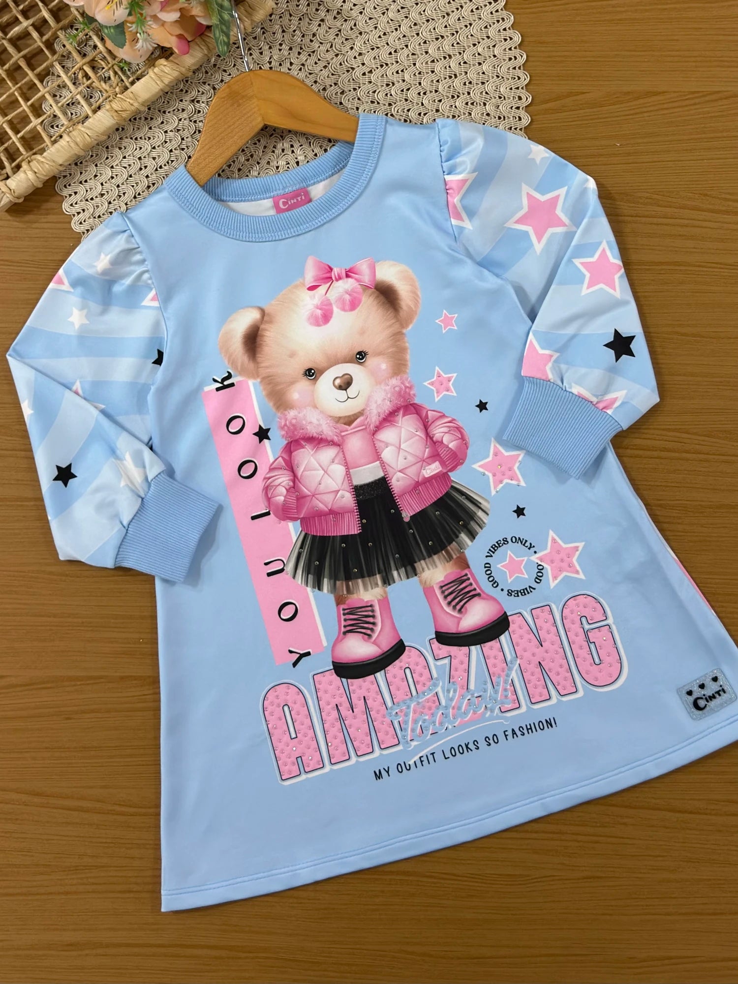 Vestido Infantil Cinti Inverno Térmico Azul Ursinha Amazing