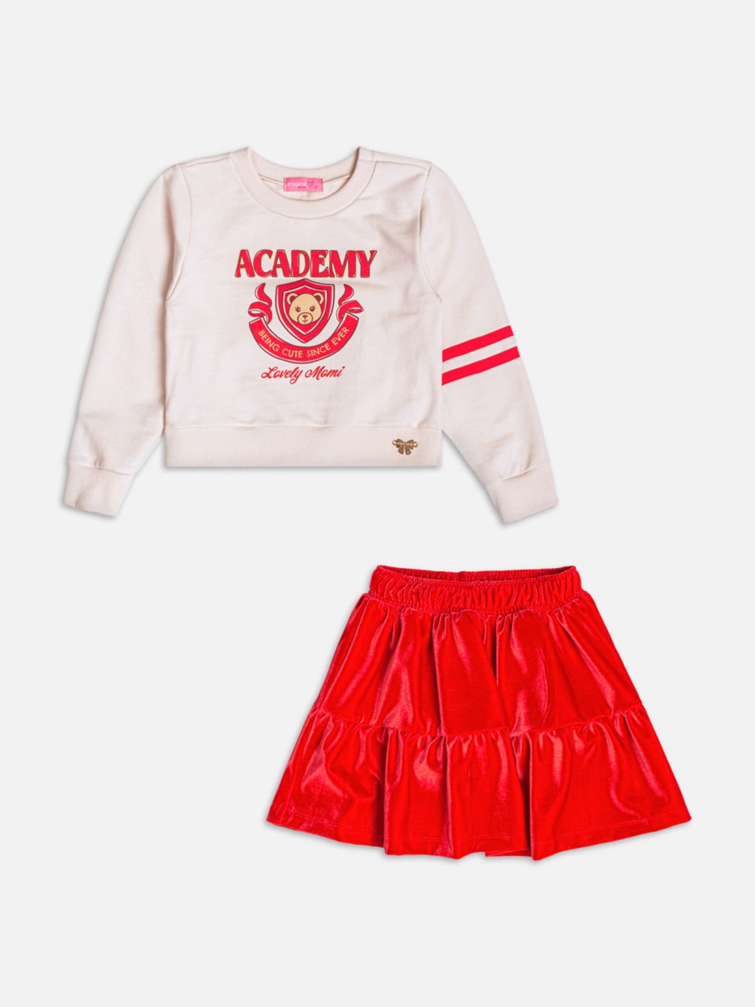 Conjunto Infantil Momi Inverno com Saia e Casaco Bege Ursinho Academy