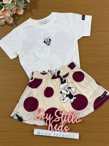 Conjunto Infantil Animê com Saia e Blusa Branca Minnie Disney
