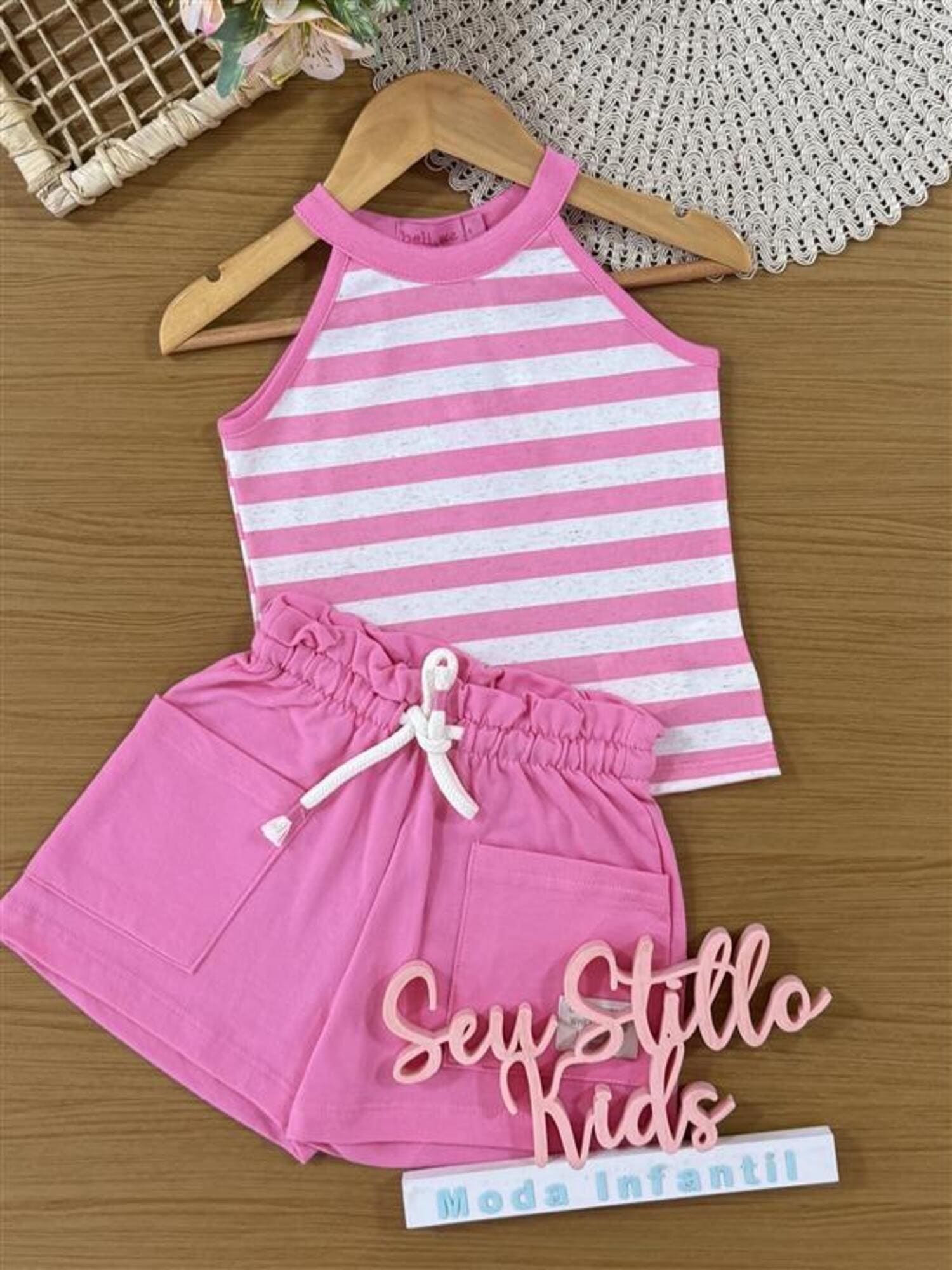 Conjunto Infantil Belime Verão com Shorts Rosa e Regata Listrada