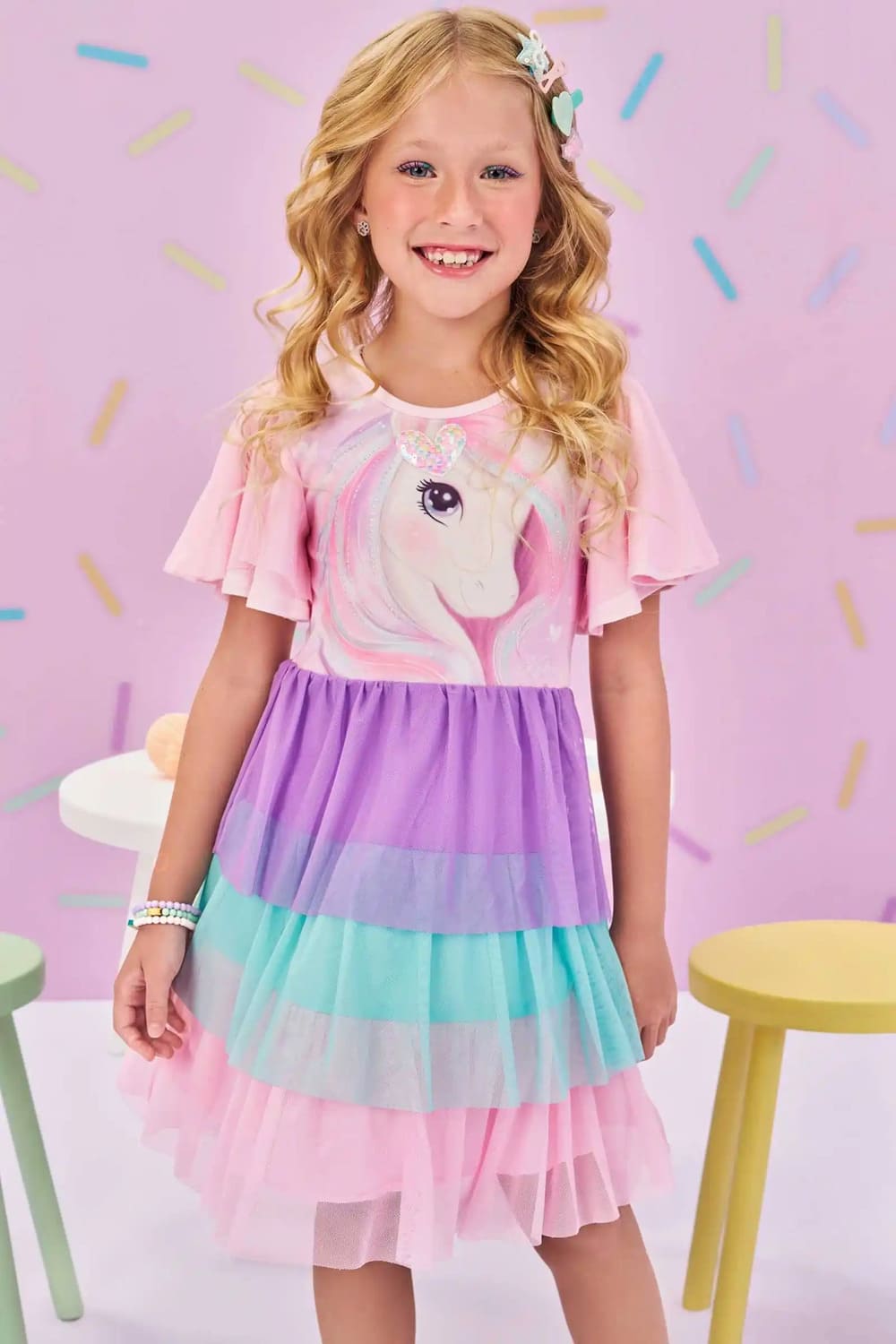 Vestido Infantil Kukie Verão Colorido Tule Unicórnio