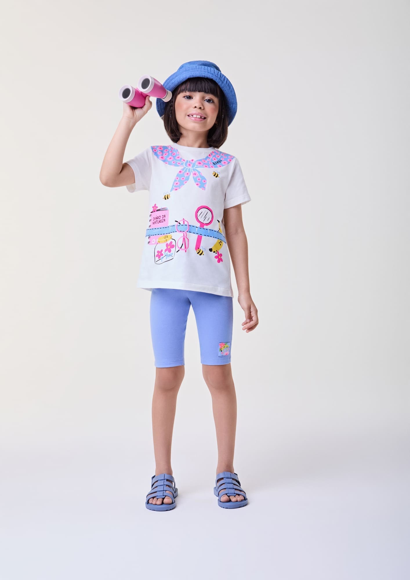 Conjunto Infantil Bimbi Verão com Shorts Ciclista Azul e Blusa Branca Diário da Natureza