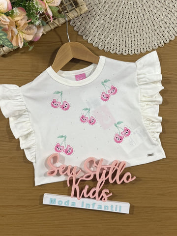 Blusa Infantil Cinti Verão Branca Cerejinha com Strass