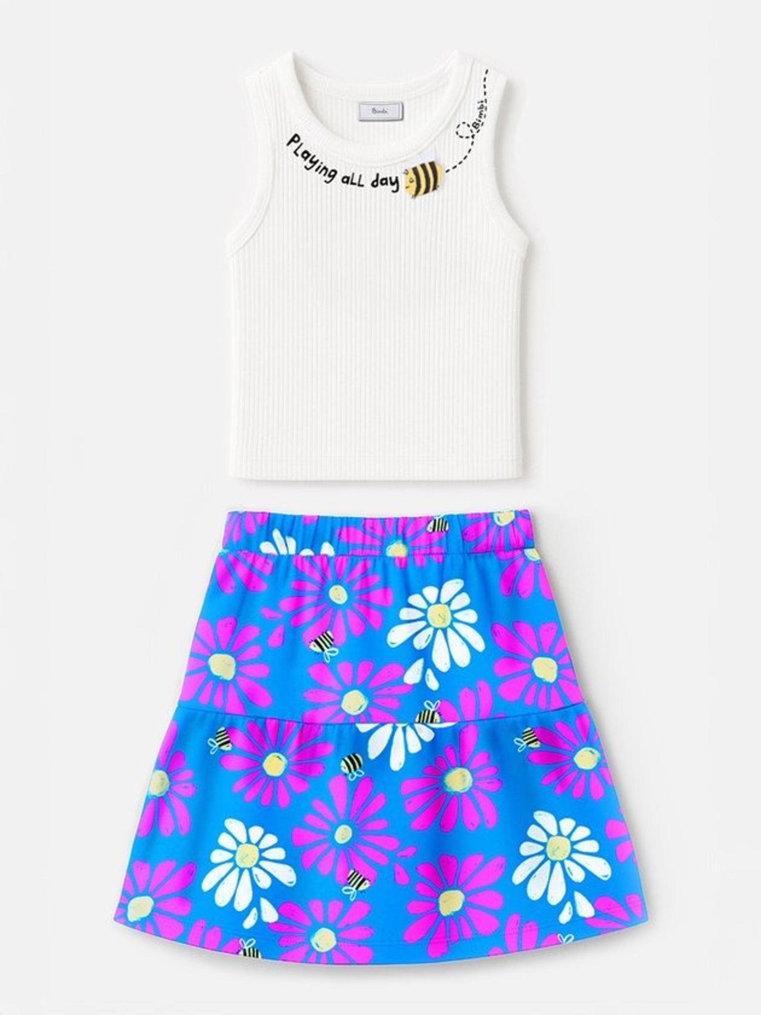 Conjunto Infantil Bimbi Verão com Saia Floral e Blusa Branca Abelhinha