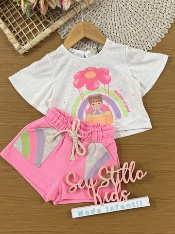 Conjunto infantil Kukiê Verão com Shorts Rosa e Blusa Off White Menininha no Balão