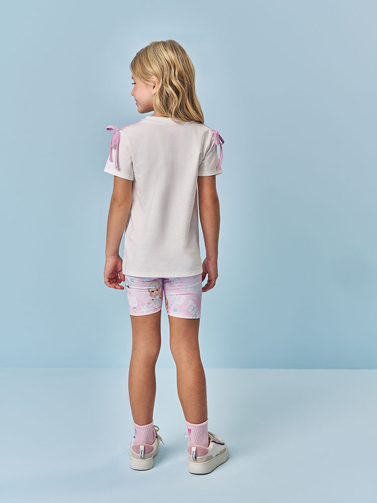 Conjunto Infantil Cinti Verão com Shorts Ciclista Lilás e Blusa Branca Tennis Club