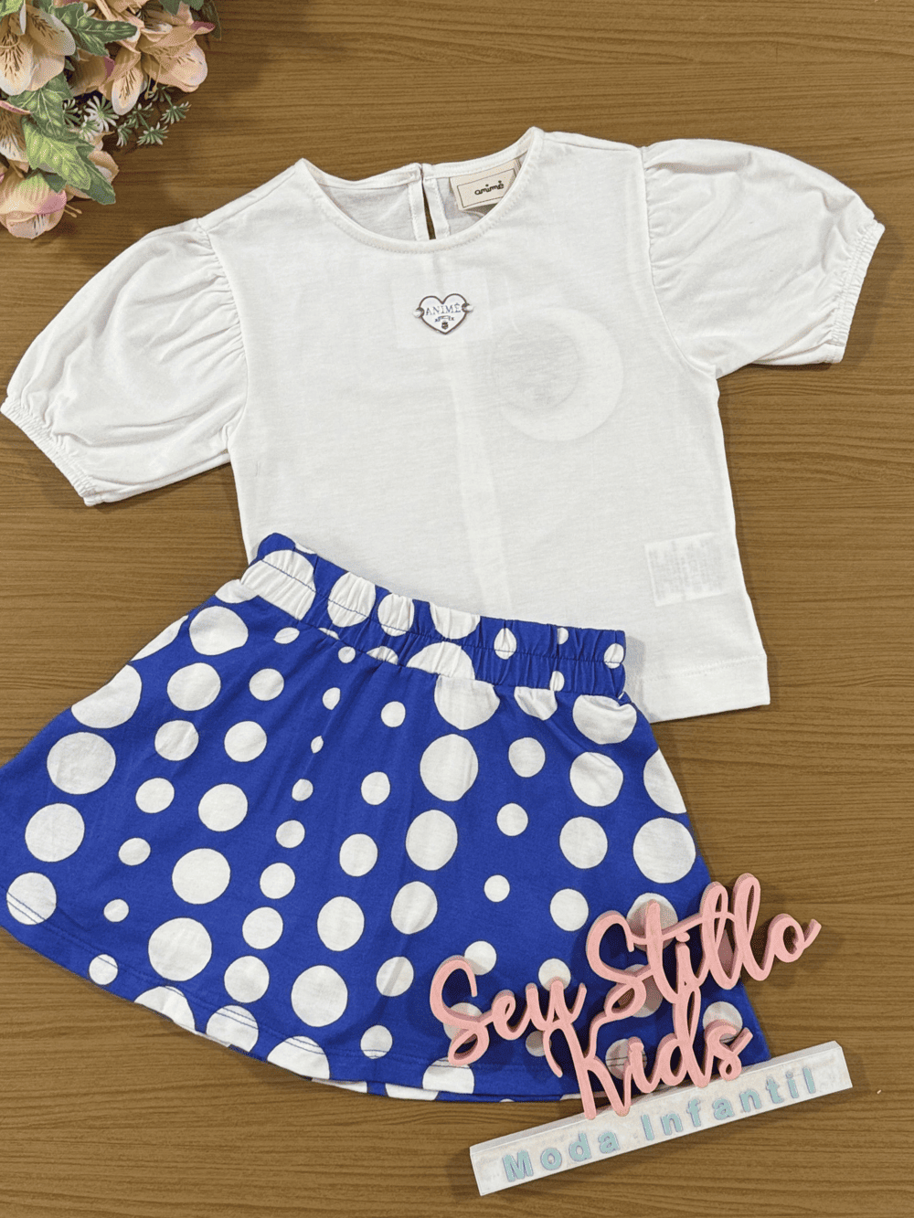 Conjunto Infantil Animê Verão Saia Azul Poá e Blusa