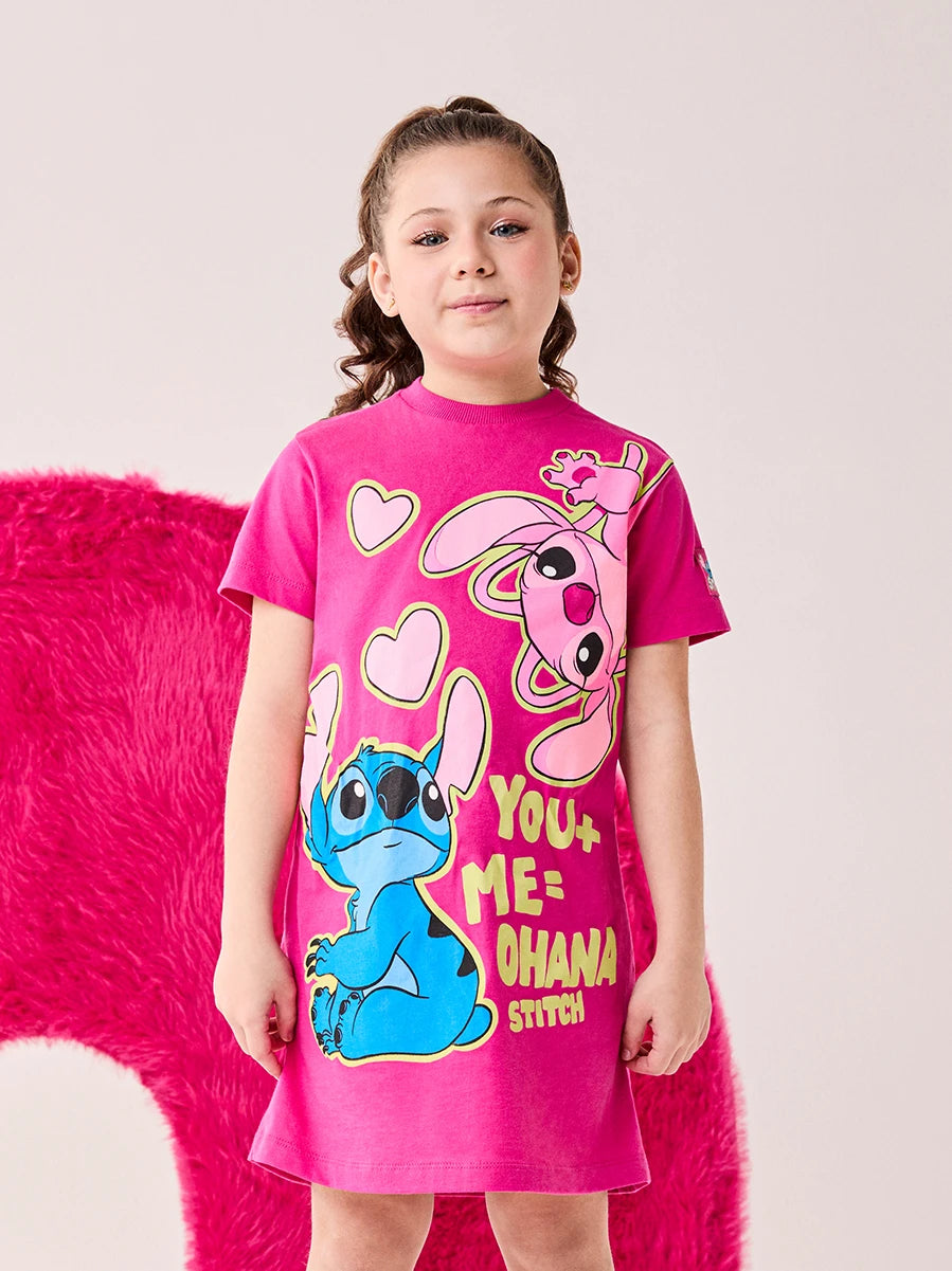 Vestido Infantil Bimbi Inverno Rosa Stitch e Angel Disney
