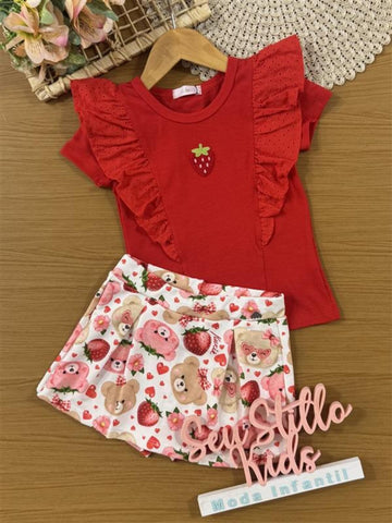 Conjunto Infantil Kukiê Verão com Shorts Saia Branco e Blusa Vermelha Moranguinho