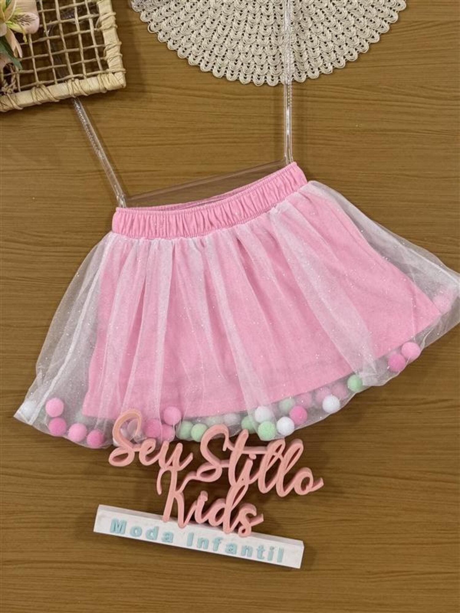 Saia Infantil Cinti Verão Rosa em Tule com Glitter