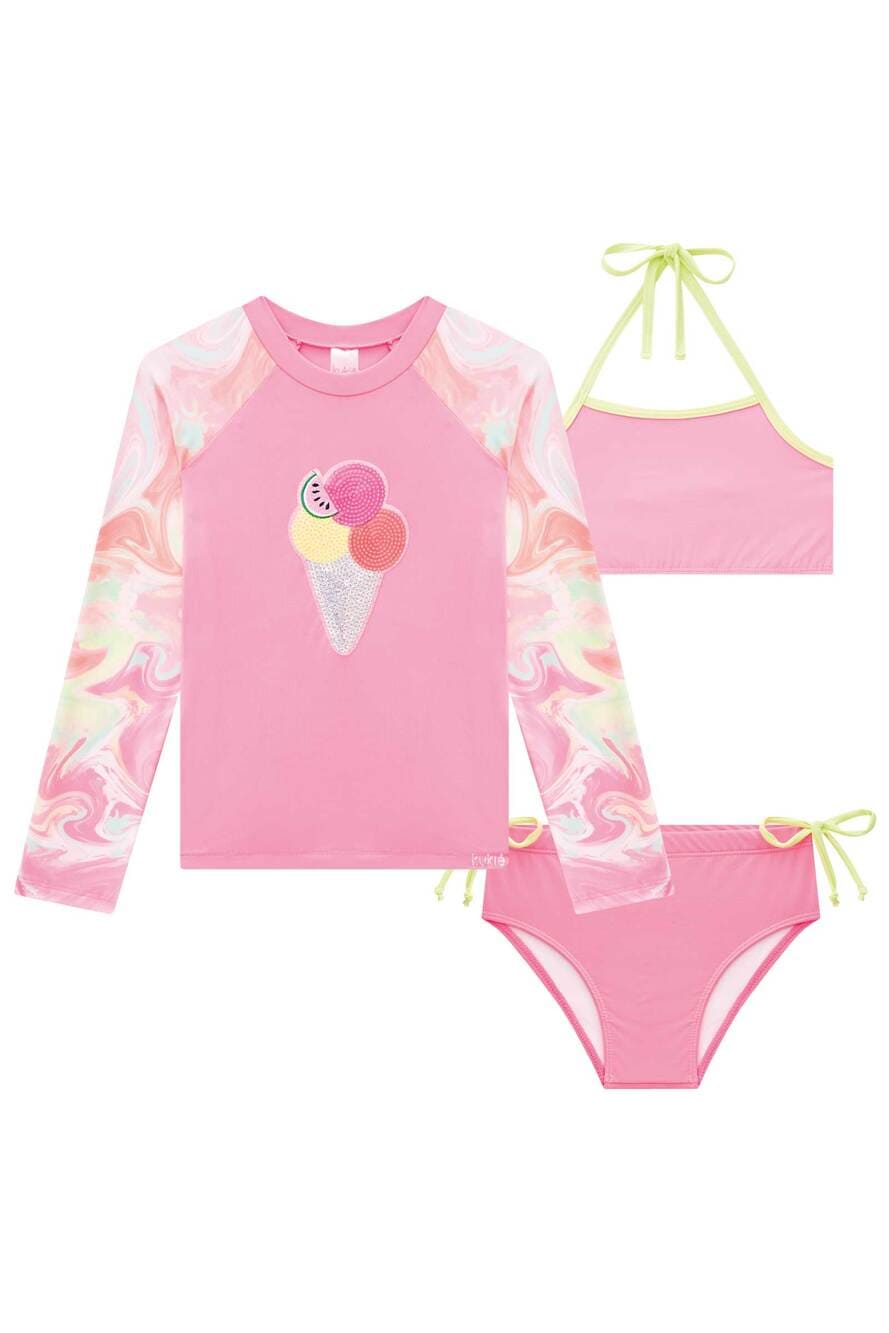 Biquíni iInfantil Kukie Verão com Blusa Manga Longa Rosa Sorvete