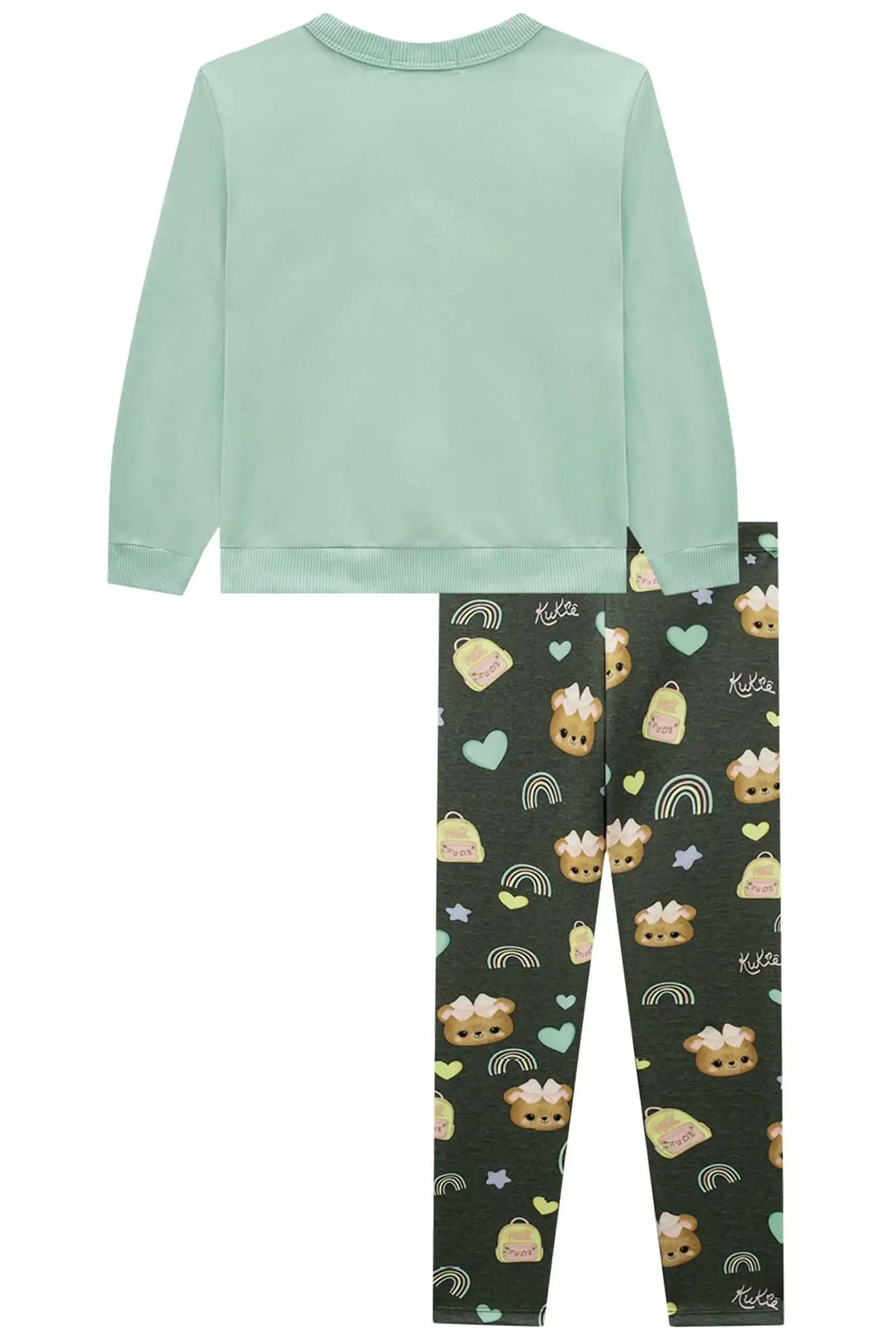 Conjunto Infantil Inverno Kukiê com Calça Cinza e Moletom sem Flanela Verde Ursinha Love