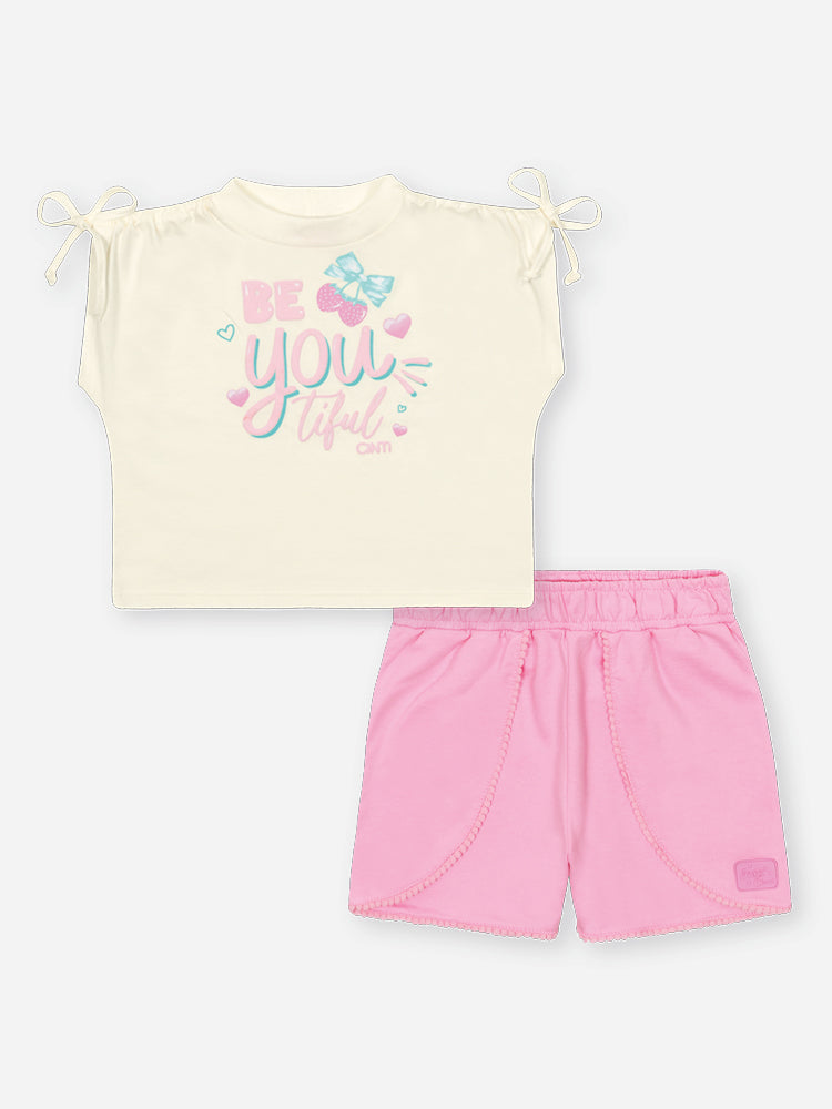 Conjunto Infantil Cinti Verão com Shorts Rosa e Blusa Branca Moranguinho