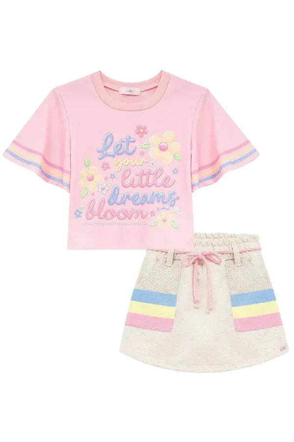 Conjunto Infantil Menina Kukiê com Shorts e Blusa Rosa Florzinha