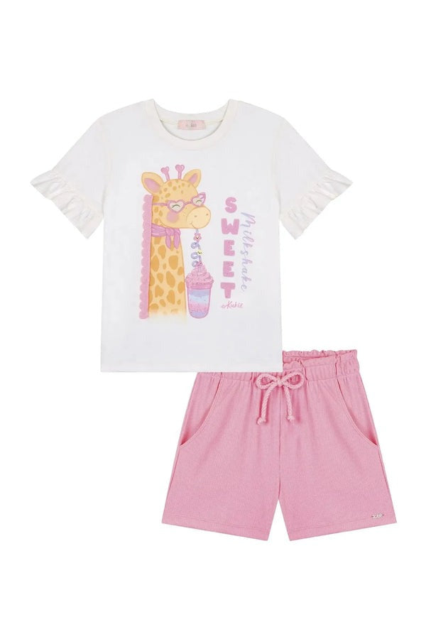 Conjunto Infantil Kukiê Verão com Shorts Rosa e Blusa Branca Girafinha