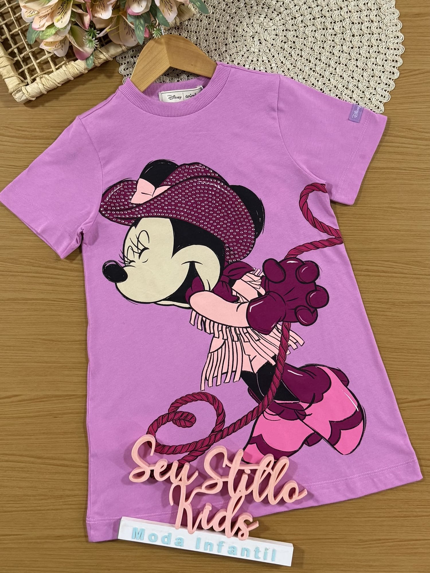 Vestido Infantil Animê Rosa Minnie Cowgirl com Strass Disney
