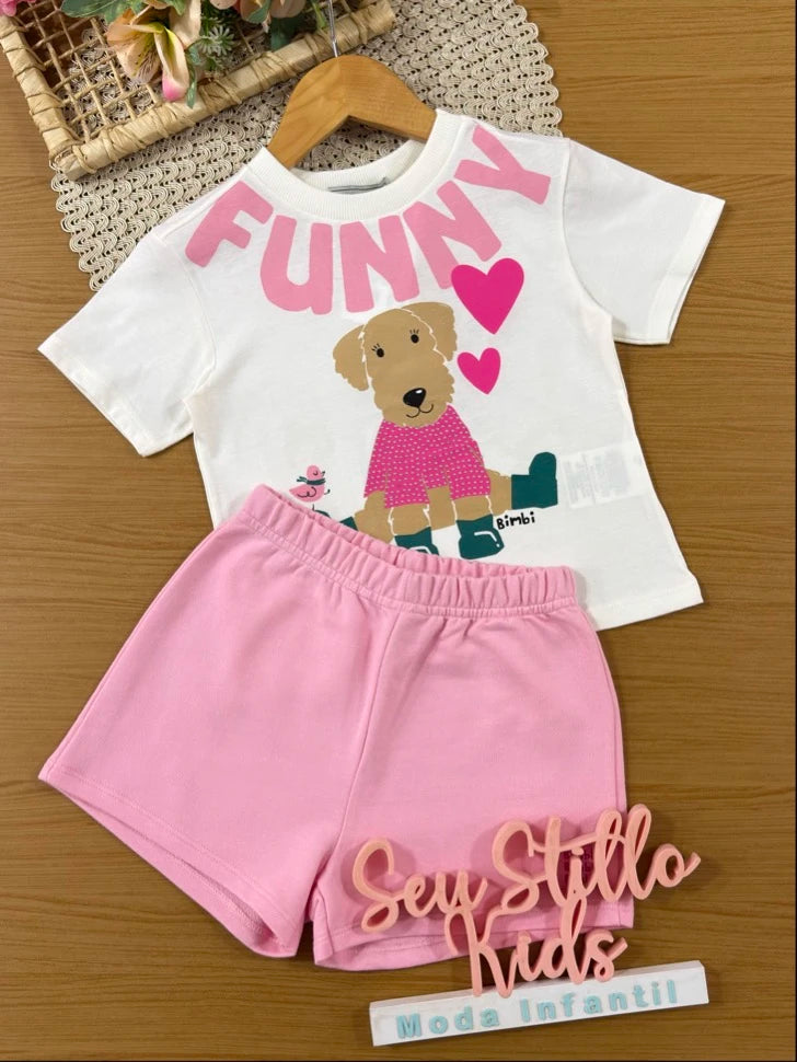 Conjunto Infantil Bimbi Inverno com Shorts Rosa e Blusa Manga Curta Cachorrinha Funny