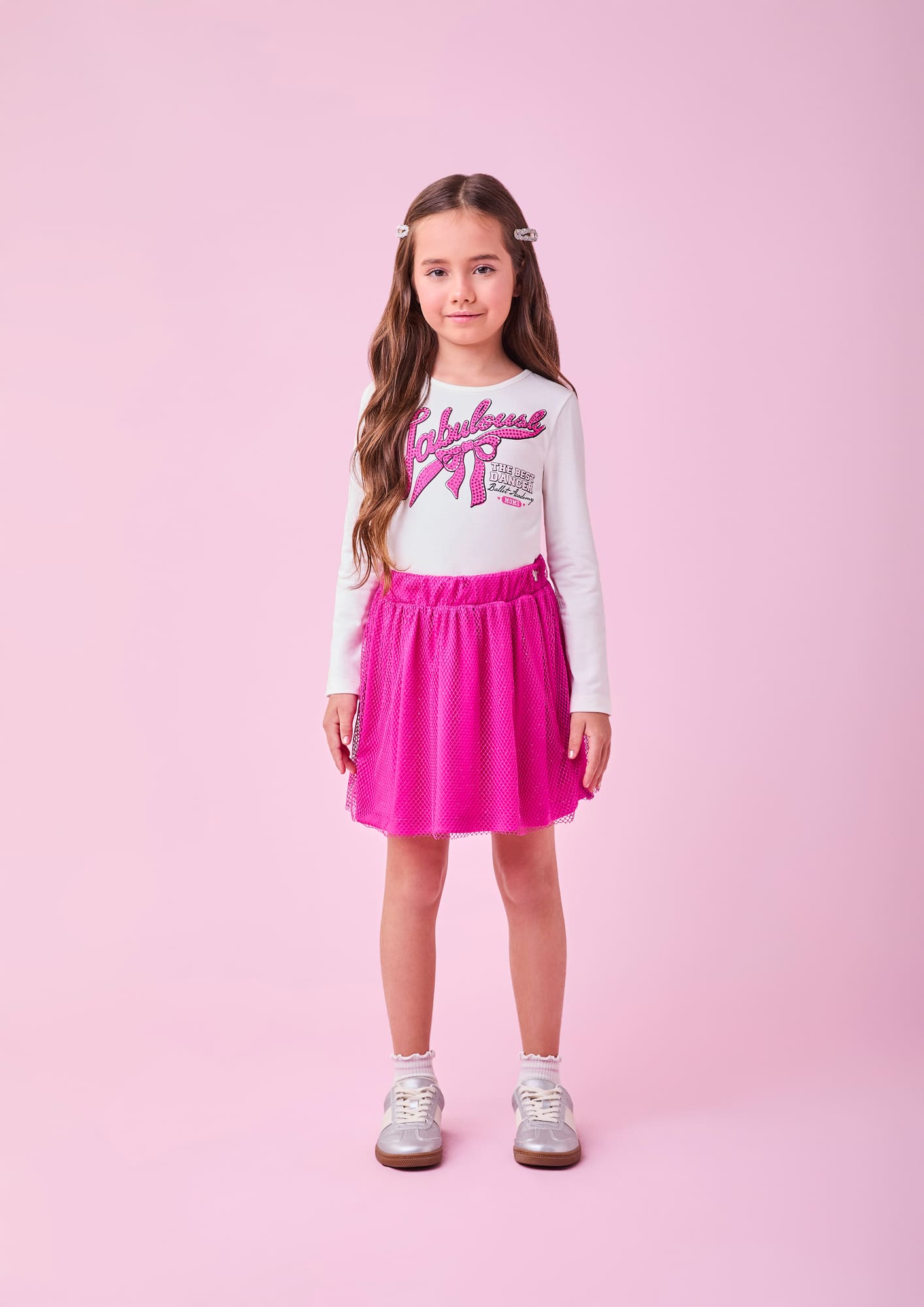 Conjunto Infantil Momi Inverno com Saia Rosa em Tela e Blusa Branca com Strass