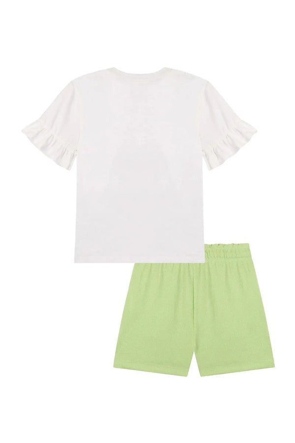 Conjunto Infantil Kukiê Verão com Shorts Verde e Blusa Branca Sandalinha com Laço