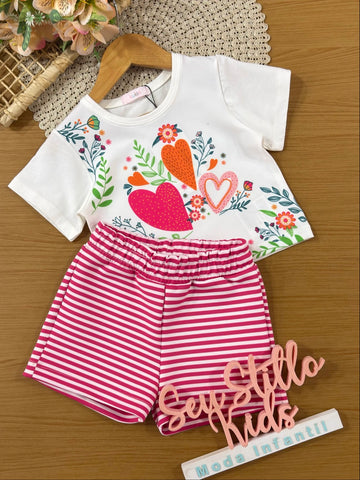 Conjunto Infantil Kukiê com Shorts Rosa Listrado e Blusa Florzinhas e Corção