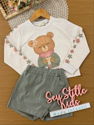Conjunto Infantil Kukiê Inverno com Shorts Saia Verde e Moletom sem Flanela Ursinha Flozinha