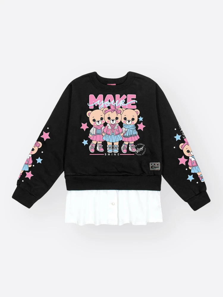 Conjunto Infantil Cinti Inverno com Calça Legging Holografica e Moletom Flanelado Ursinhas