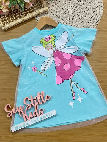 Vestido Infantil Bimbi com Sobreposição em Tule Azul Fadinha