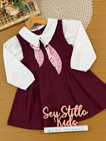 Vestido Infantil Momi Inverno Vinho com Gola e Lacinho