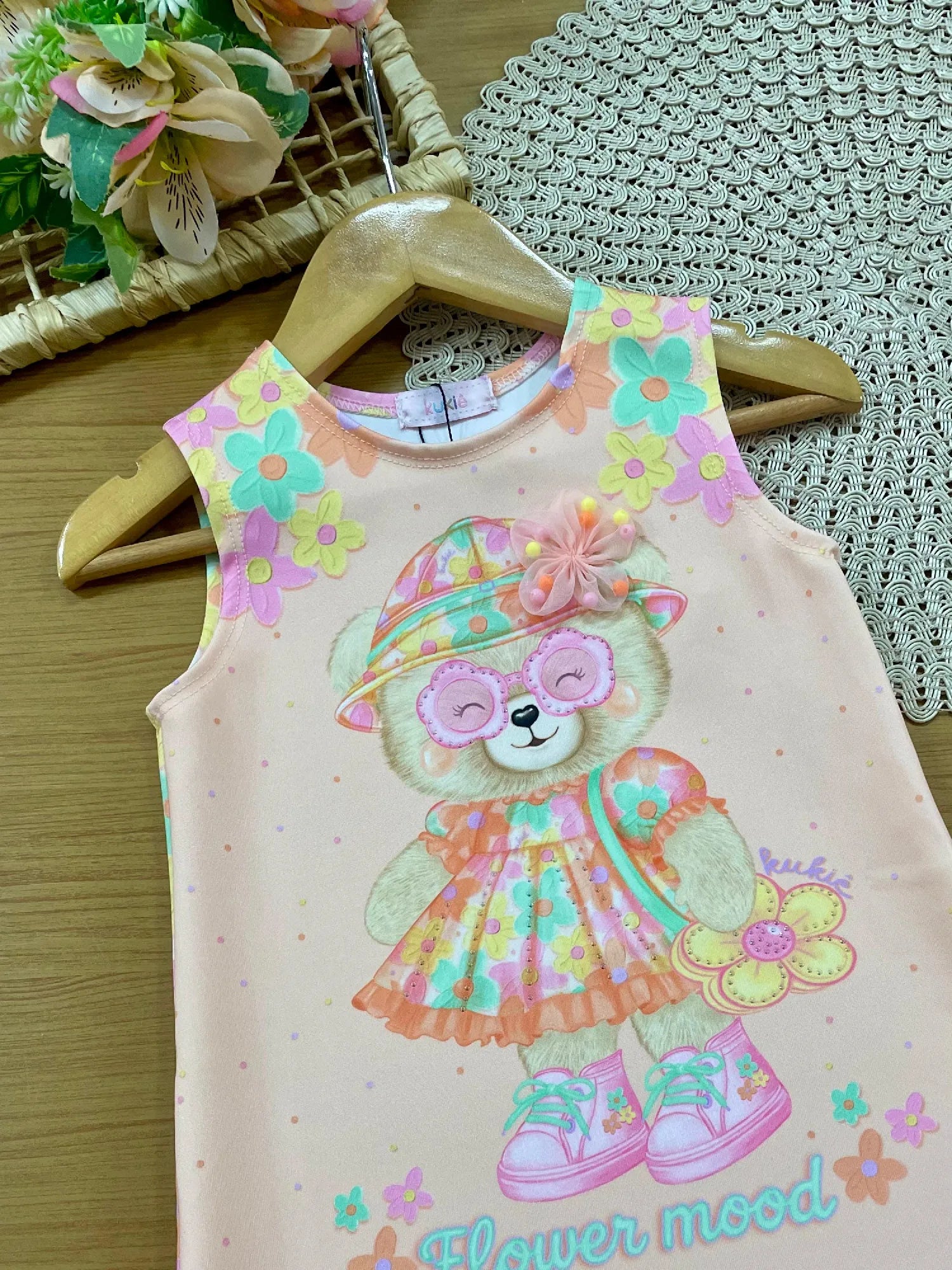 Vestido Infantil Kukiê Laranja Claro Ursinha Florista