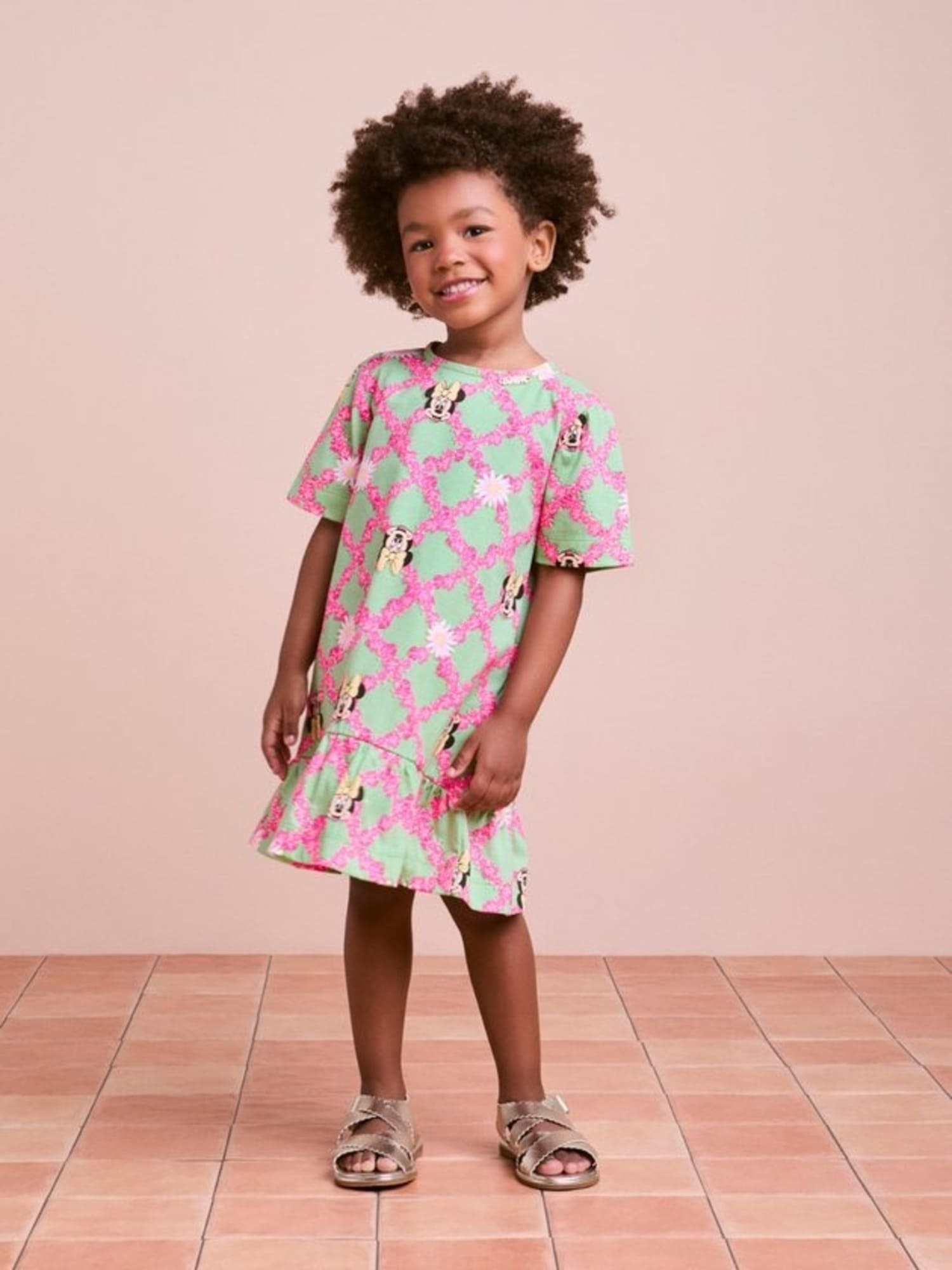 Vestido Infantil Animê Verão Verde Minnie Floral Disney