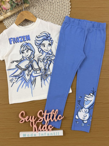 Conjunto Infantil Bimbi Inverno com Calça Legging Azul e Blusa Branca Frozen Disney