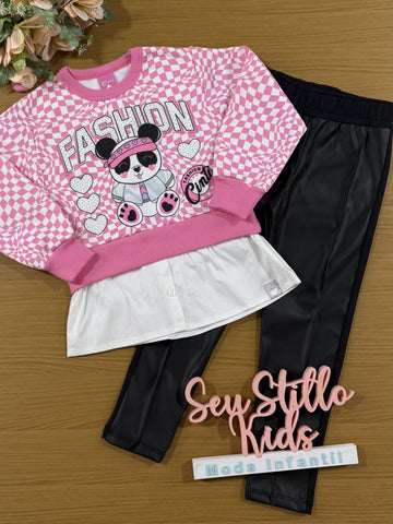 Conjunto Infantil Cinti Inverno Calça e Moletom Flanelado Rosa Panda