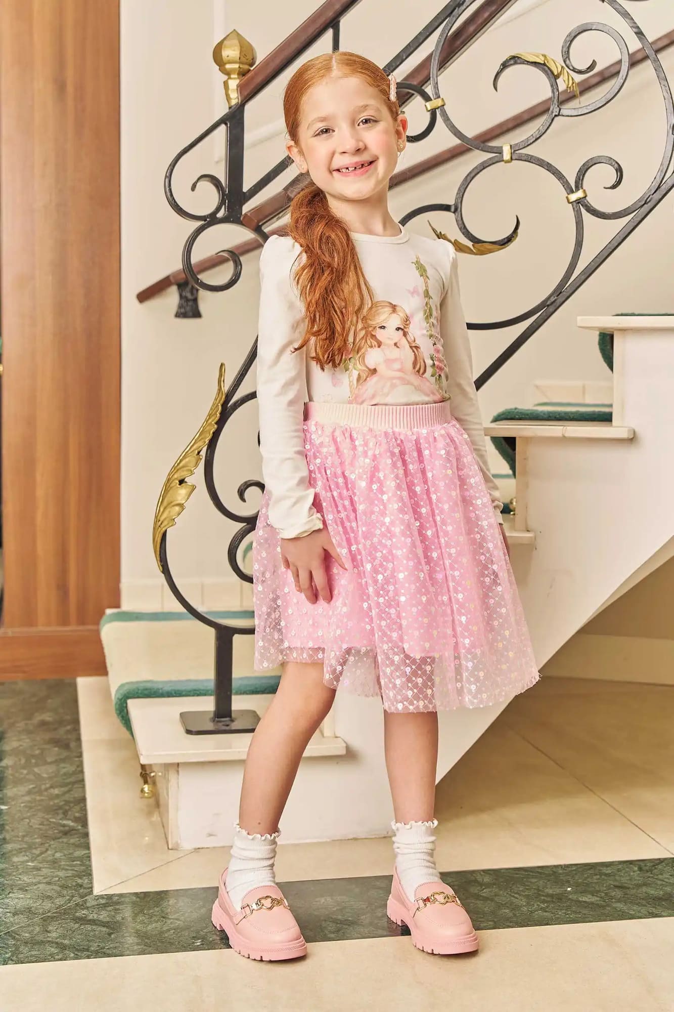 Conjunto Infantil Kukie Inverno Saia Paetê Rosa e Blusa Princesa