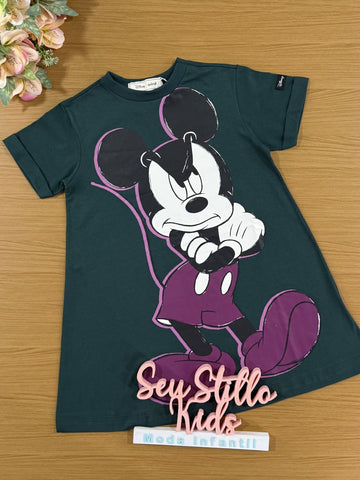 Vestido Infantil Animê Inverno Verde Mickey Disney