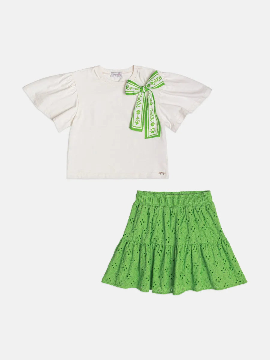 Conjunto Infantil Menina Momi Saia Verde Laise e Blusa Lacinho