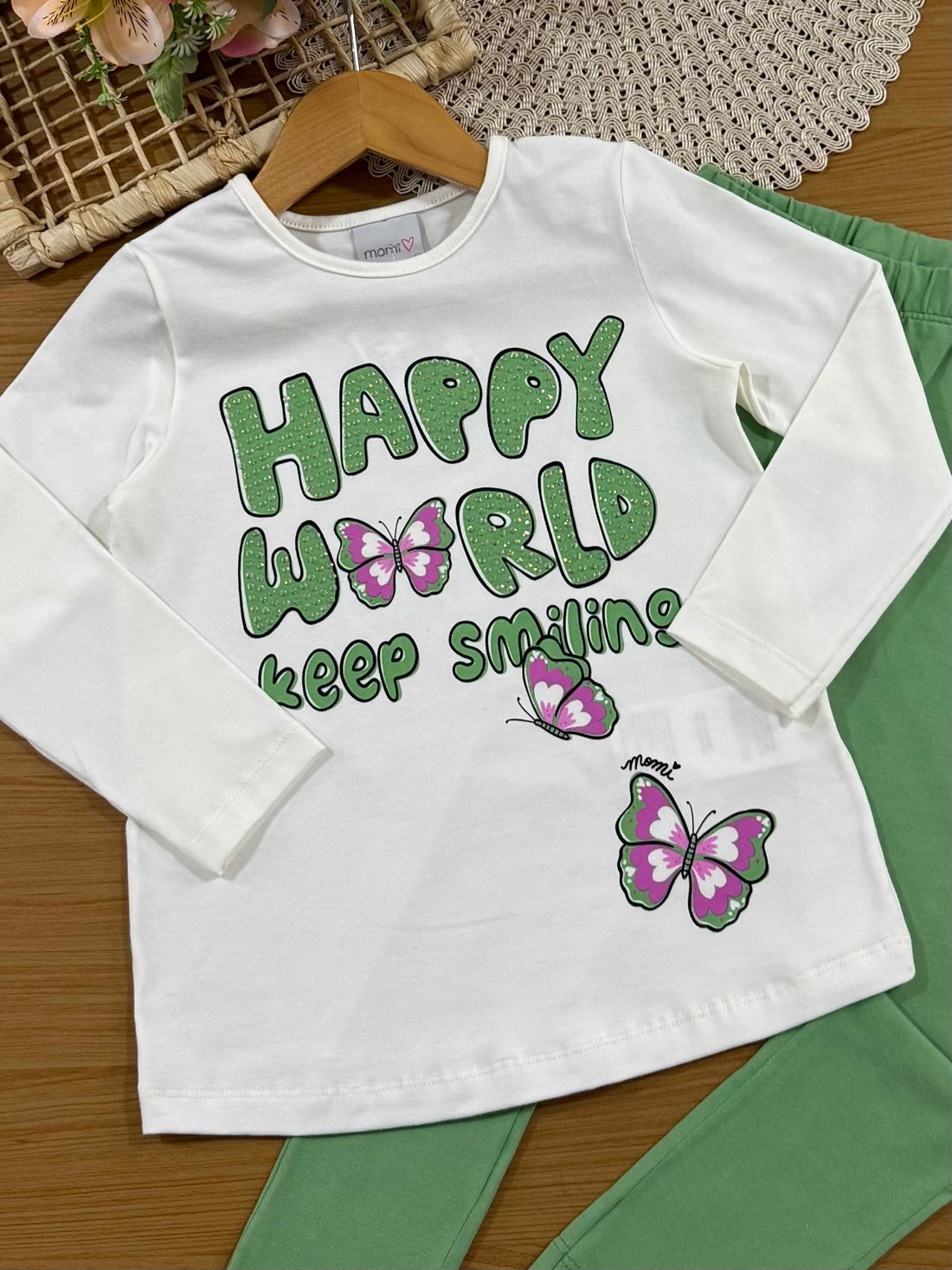 Conjunto Infantil Momi Inverno com Calça Verde e Blusa Manga Longa Branca Borboletas