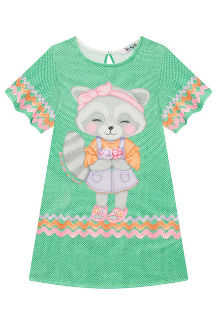 Vestido Infantil Kukie Verão Verde Guaxinim