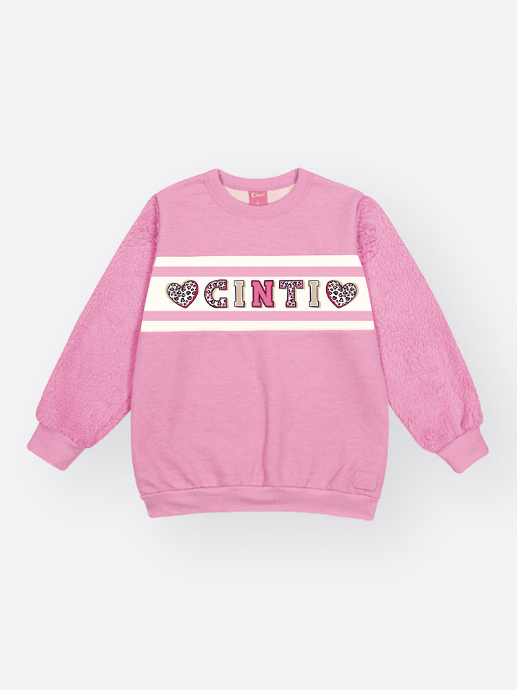 Conjunto Infantil Cinti Inverno com Calça Legging e Moletom Flanelado Rosa Coração Strass