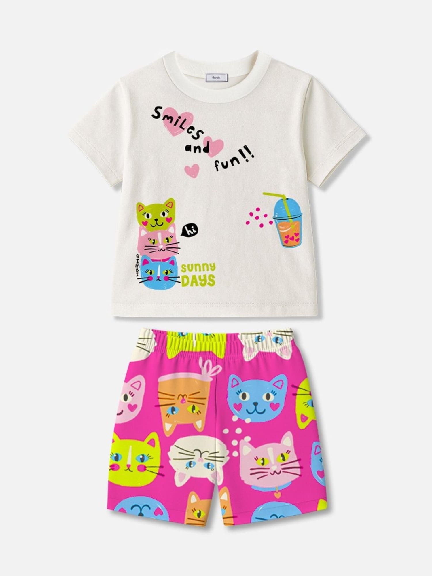 Conjunto Infantil Bimbi Verão com Shorts Rosa e Blusa Branca Gatinho Smiles