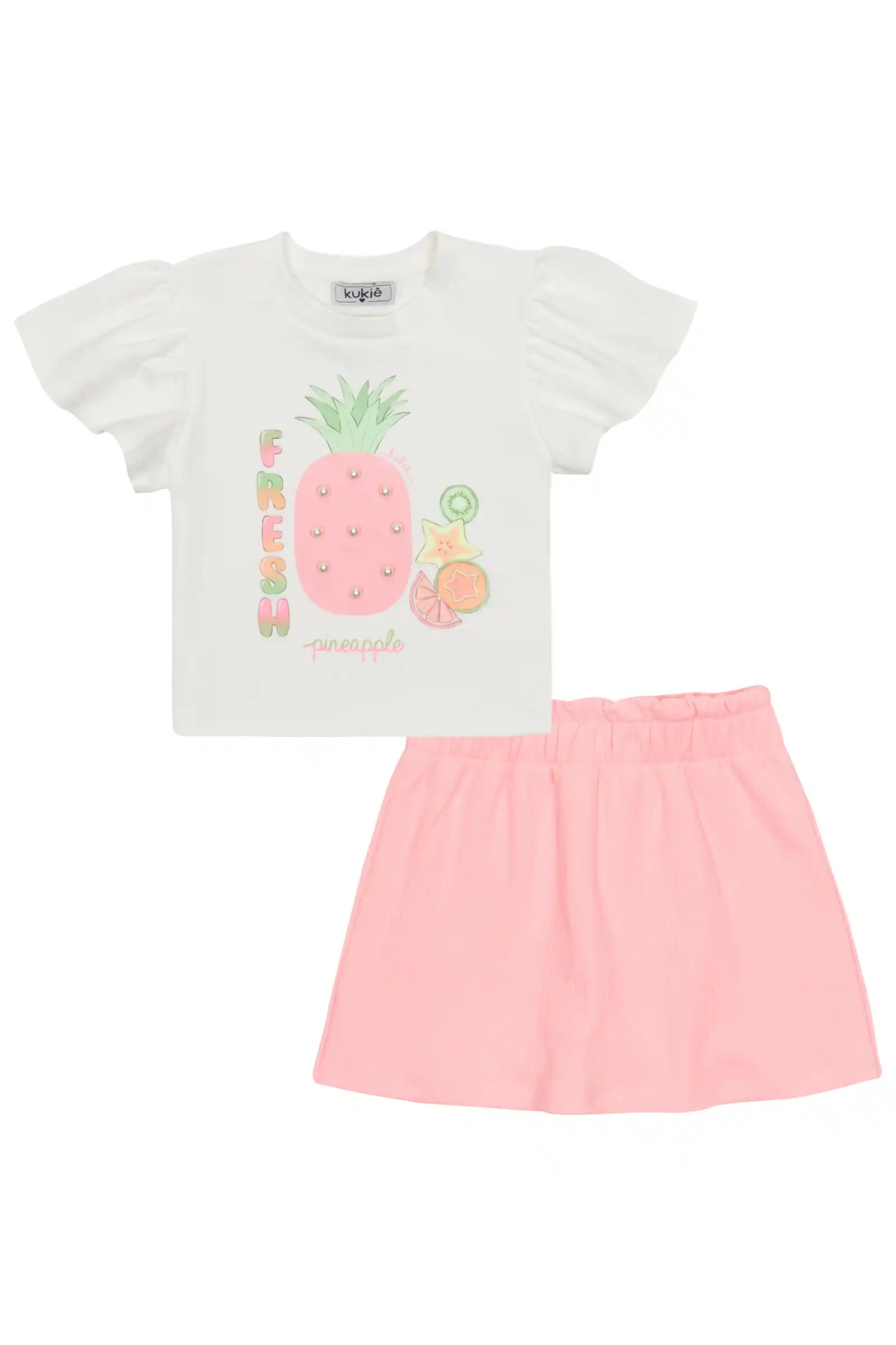 Conjunto Infantil Kukiê com Shorts Saia Rosa e Blusa Manga Curta Frutinhas