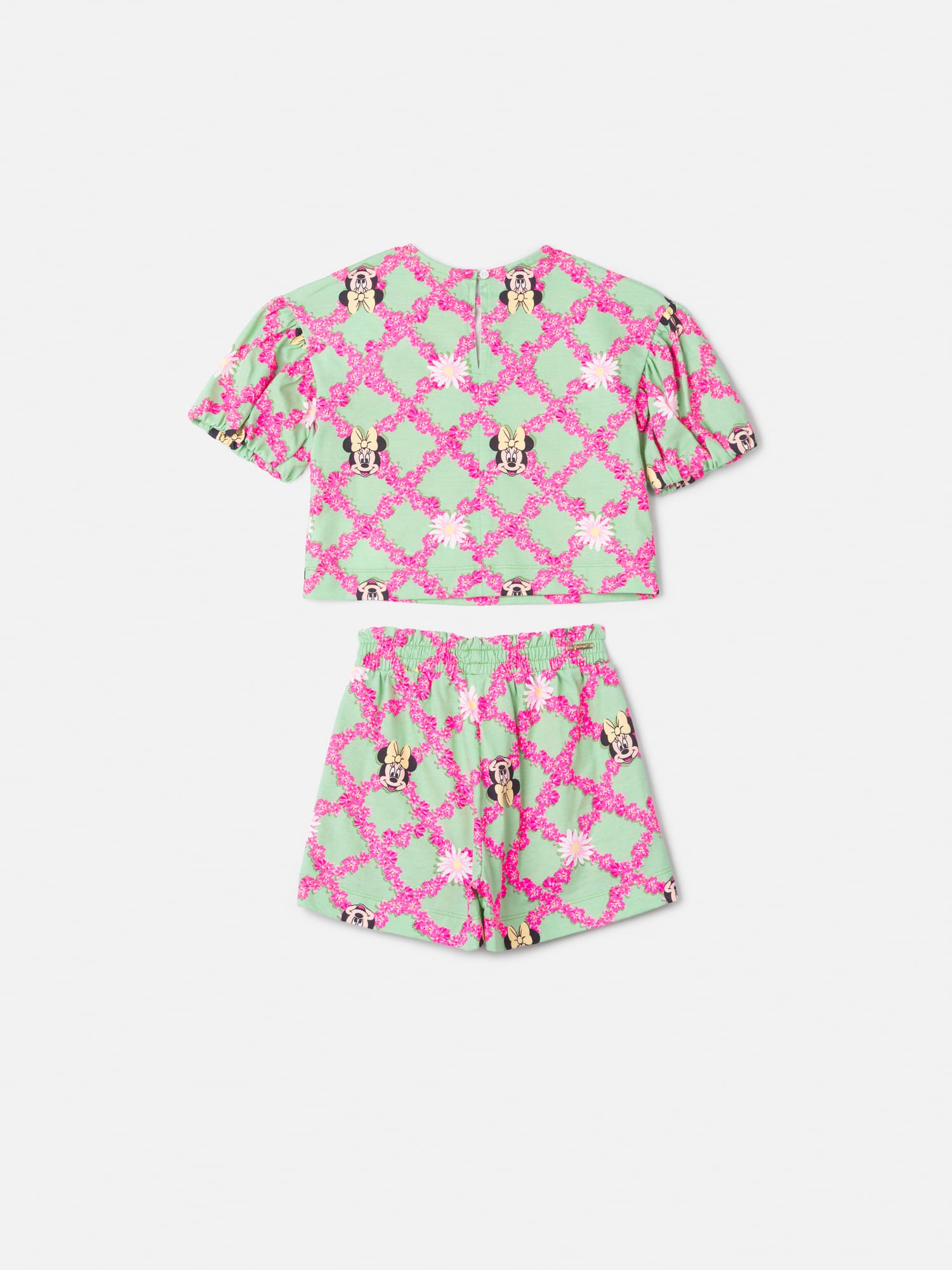 Conjunto Infantil Animê Verão com Shorts e Blusa Verde Minnie Floral Disney